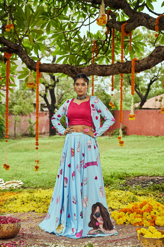 Sky Maslin Cotton Digital Printed With Tessals Pasting Work Navratri Lehenga