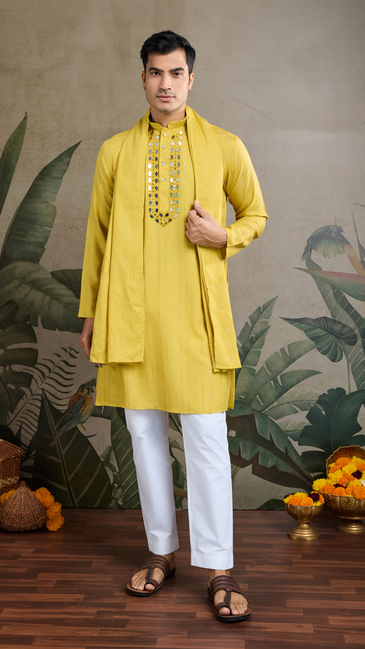 Stylish Look Perfect Haldi Yellow Color Men's Kurta with Dupatta