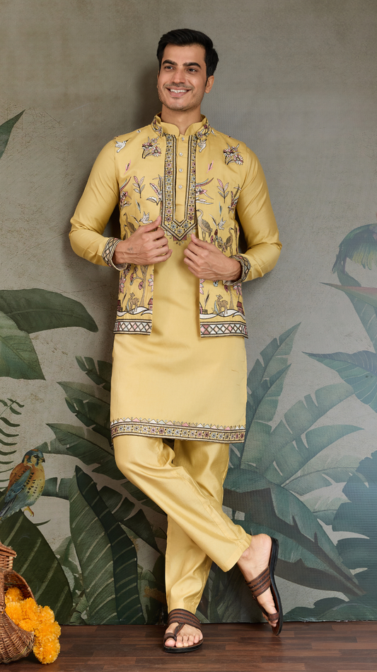 Haldi Special Yellow Kurta Pajama with Open Jacket for Men