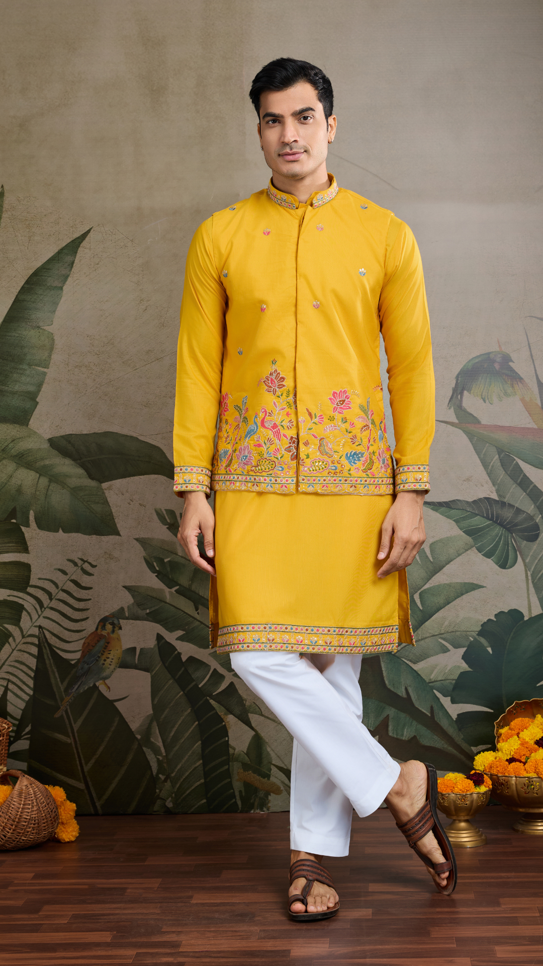 Designer Yellow Cotton Kurta with Koti Jacket Online