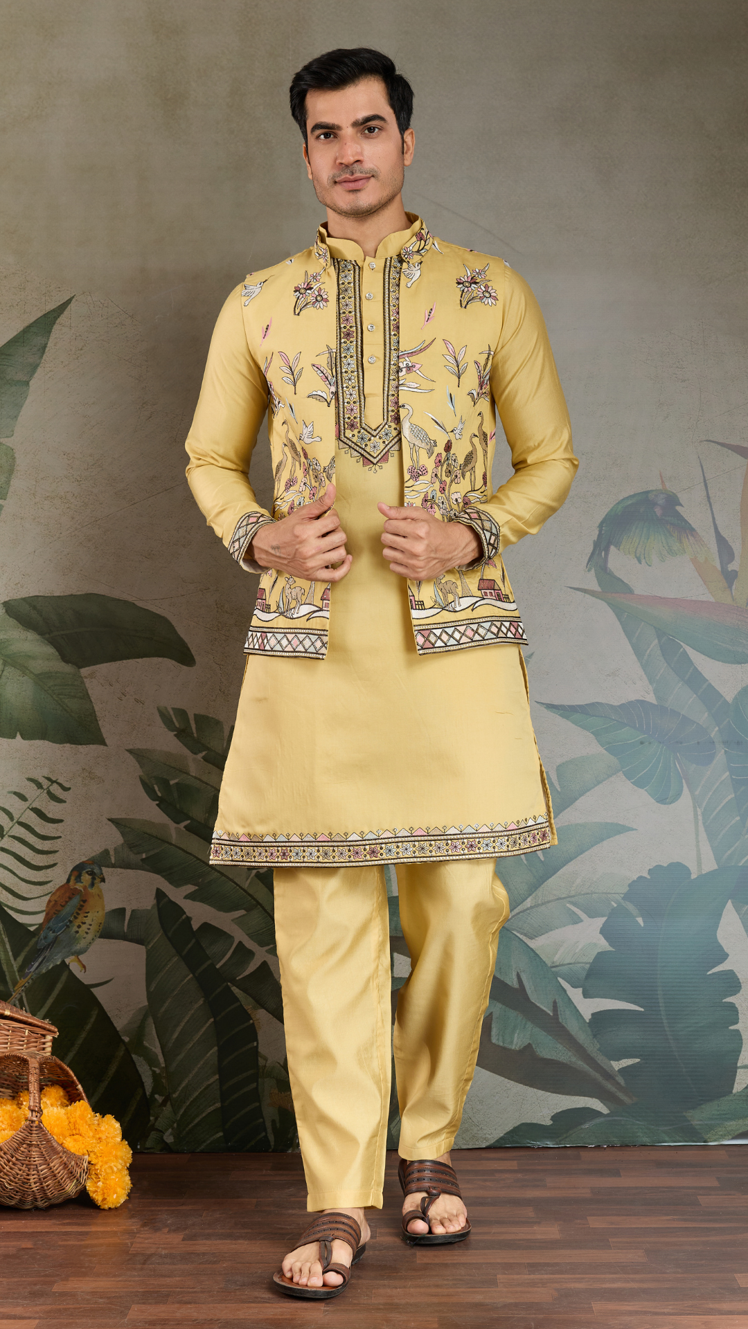 Haldi Special Yellow Kurta Pajama with Open Jacket for Men