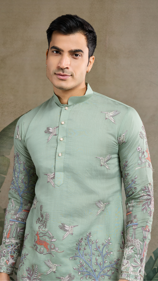 Premium Pista Green Viscose Silk party wear kurta for men