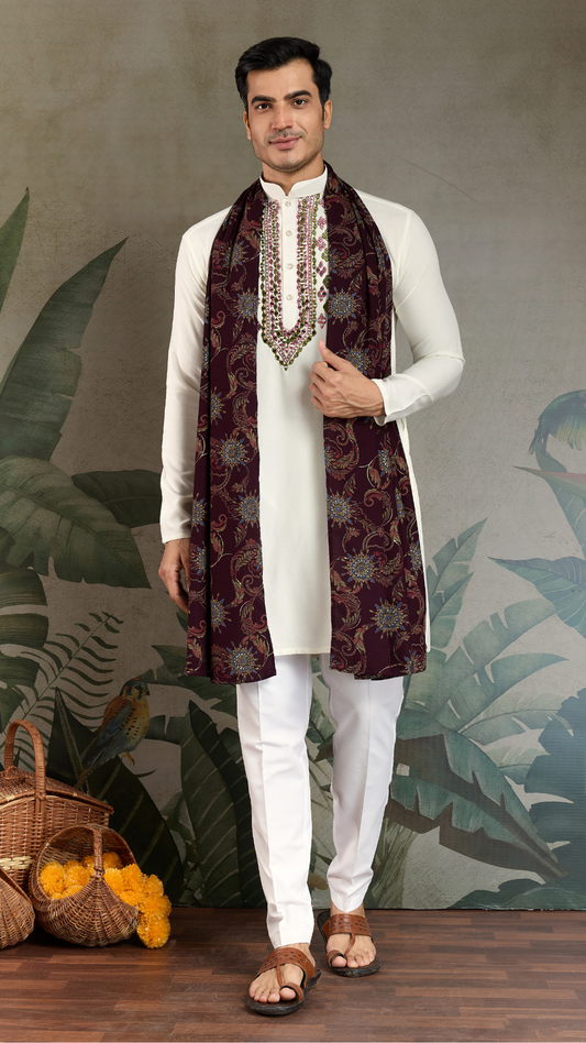 Wedding Special White Mirror Work Kurta with Dupatta for Men