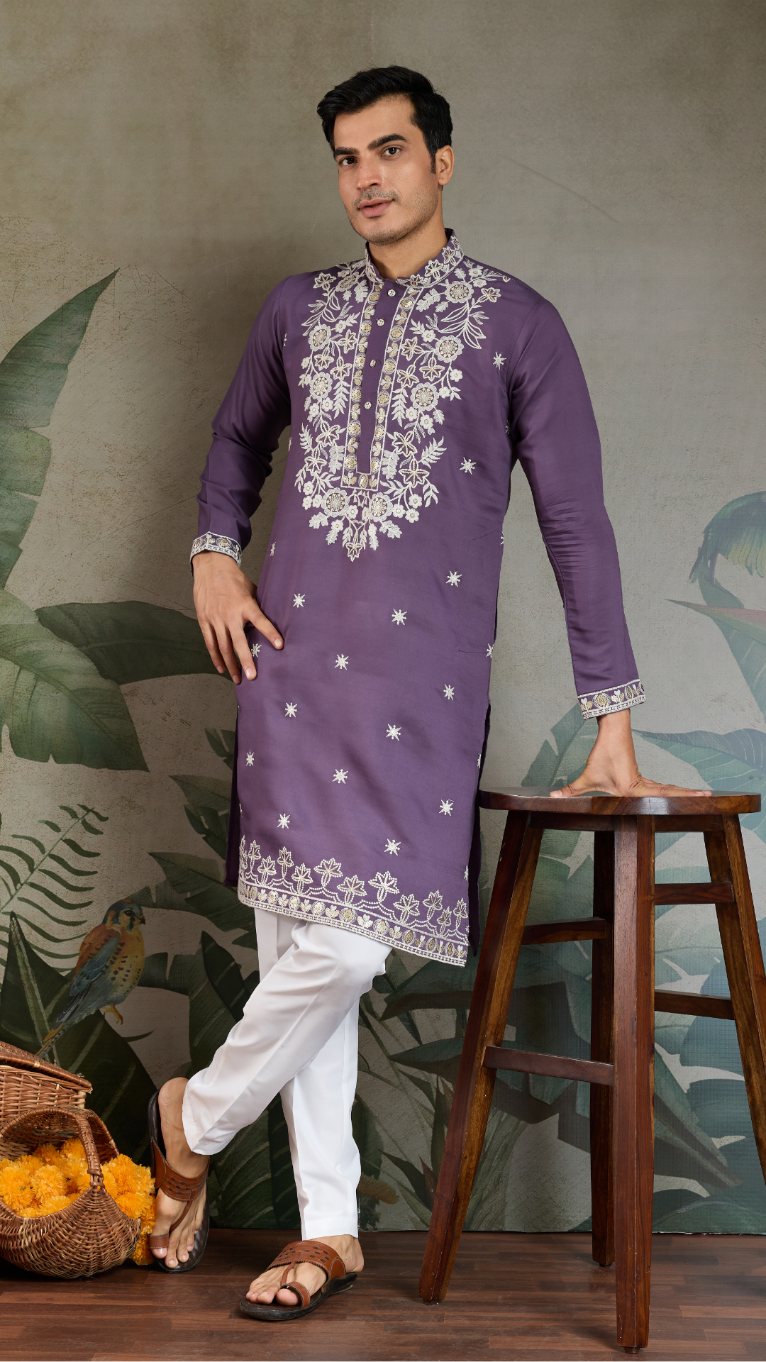 Pastel Purple Embroidered Viscose Silk Kurta Set