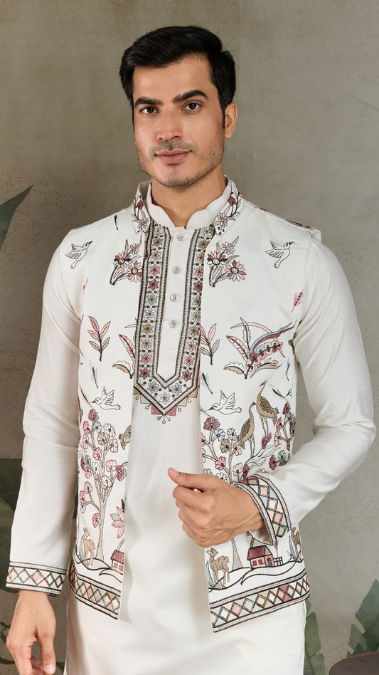 Wedding Special White Jacket Style Kurta Pajama Full Set