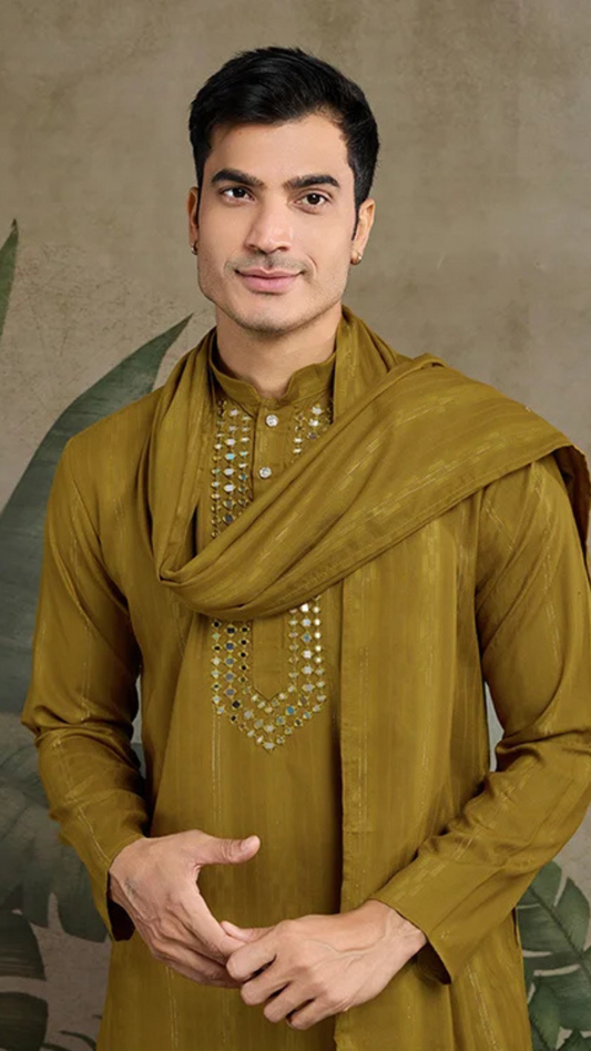 Silk Party Wear Rust Yellow Jari Work Kurta & Dupatta for Men's