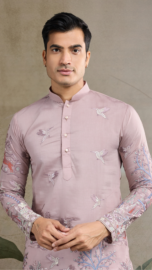 Designer Peach Viscose Silk fancy kurtas for men
