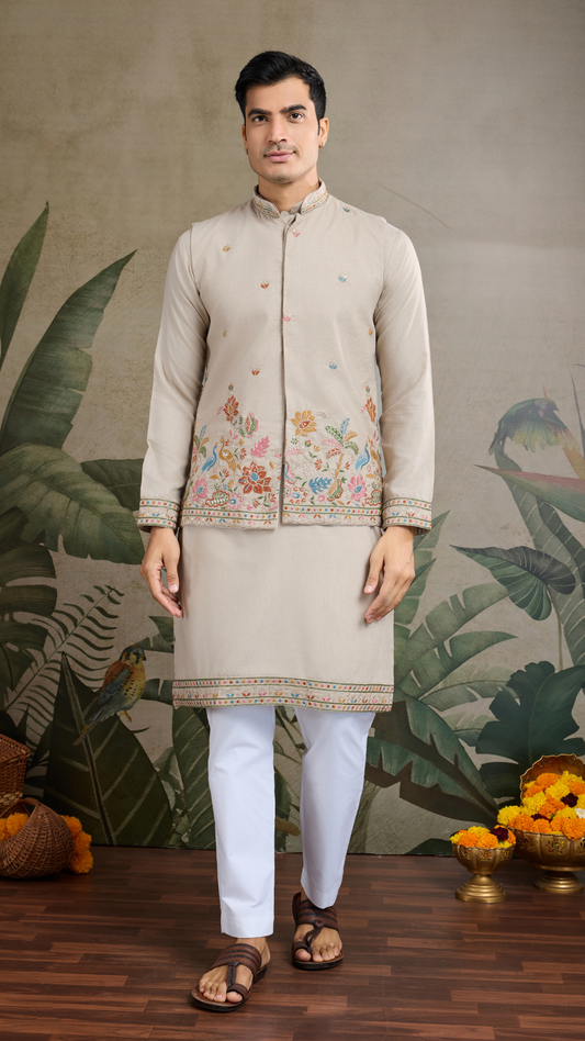 Stylish Ivory Men's Kurta Koti Set – Elegant & Trendy