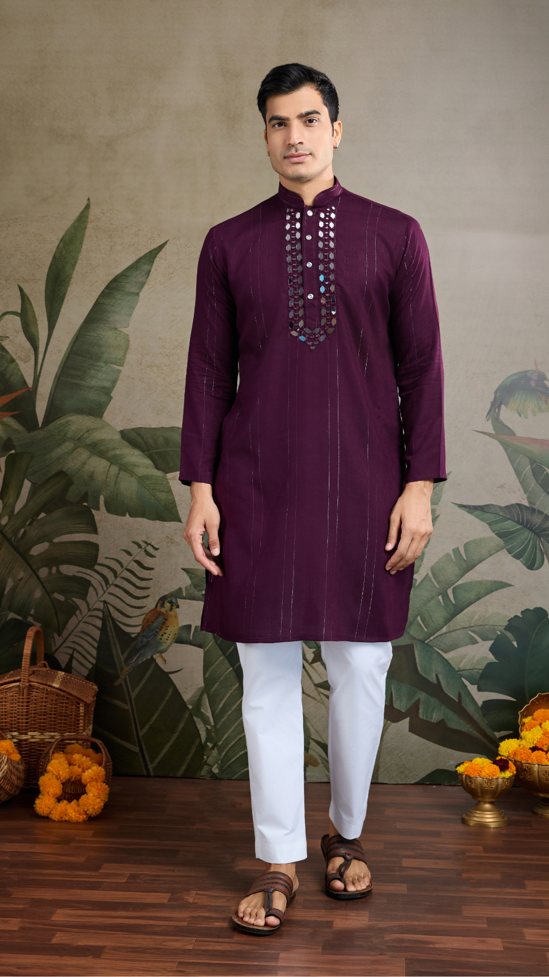 Purple Viscose Rayon Kurta with Jari & Mirror Work