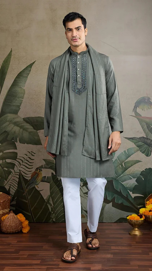 Diwali Special Blue Grey Viscose Silk Kurta with Mirror Work