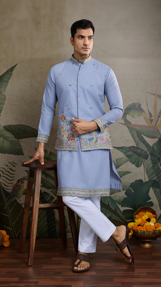 Sky Blue Men's Kurta Koti Set – Stylish & Elegant
