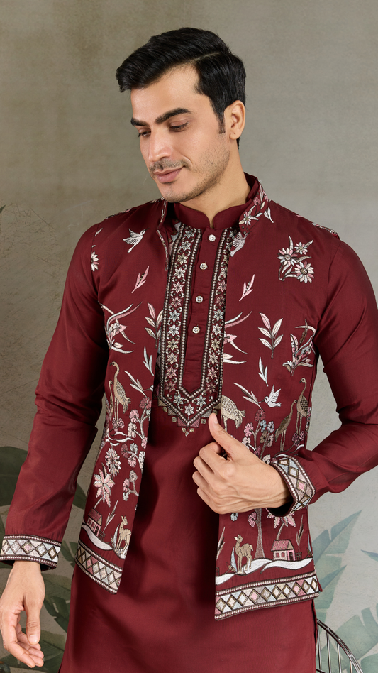 Wedding Special Maroon Kurta Pajama with Open Koti for Men