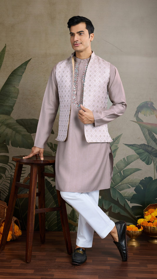 Designer Lavender Kurta & Open Koti for Men