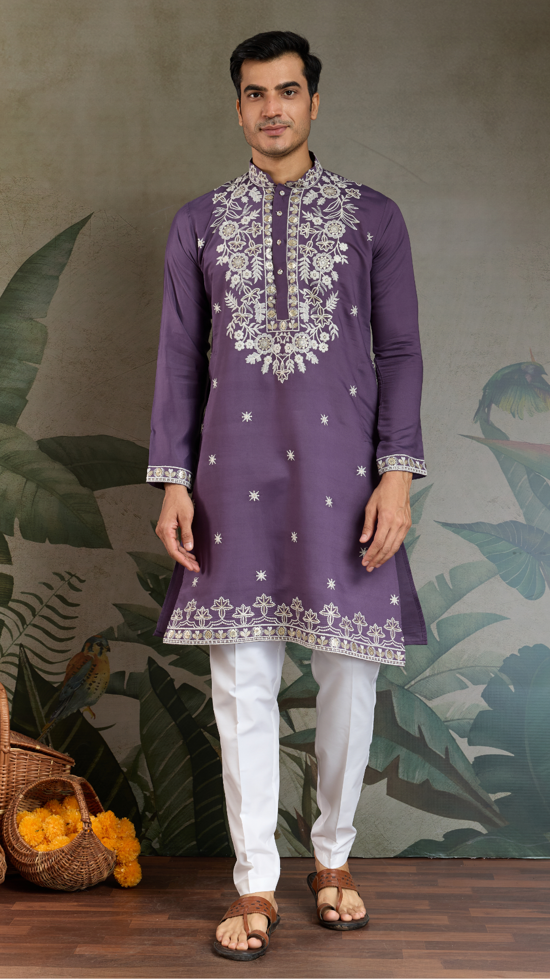 Pastel Purple Embroidered Viscose Silk Kurta Set