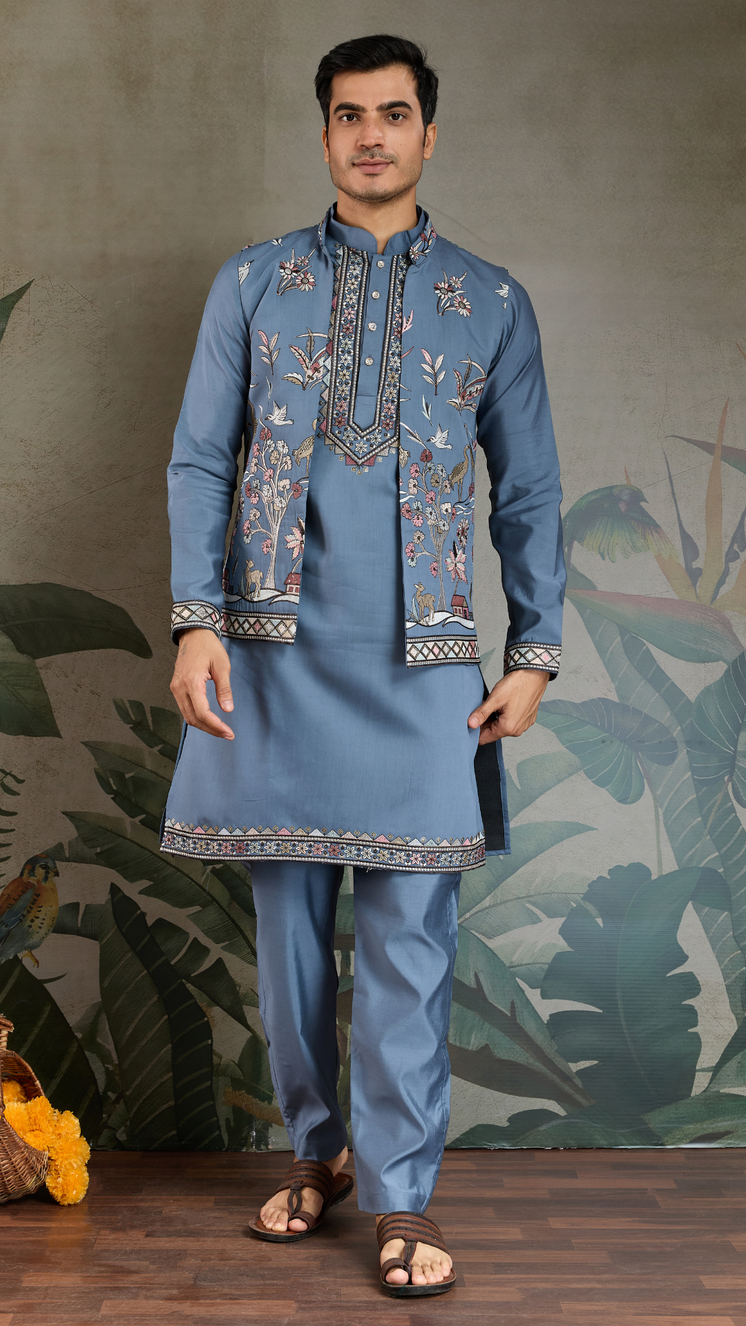 Blue Gray Open Koti Style Full Kurta Pajama Set for Men