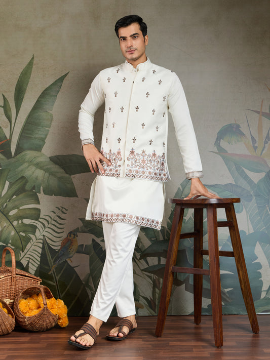 Cultural Function Special White Color Kurta Koti for Men