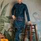 Teal Blue Embroidered Kurta Koti Set for Men