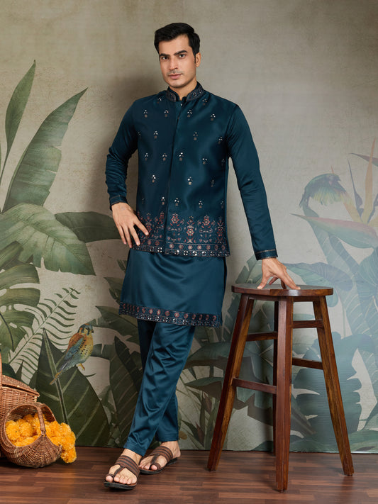 Teal Blue Embroidered Kurta Koti Set for Men