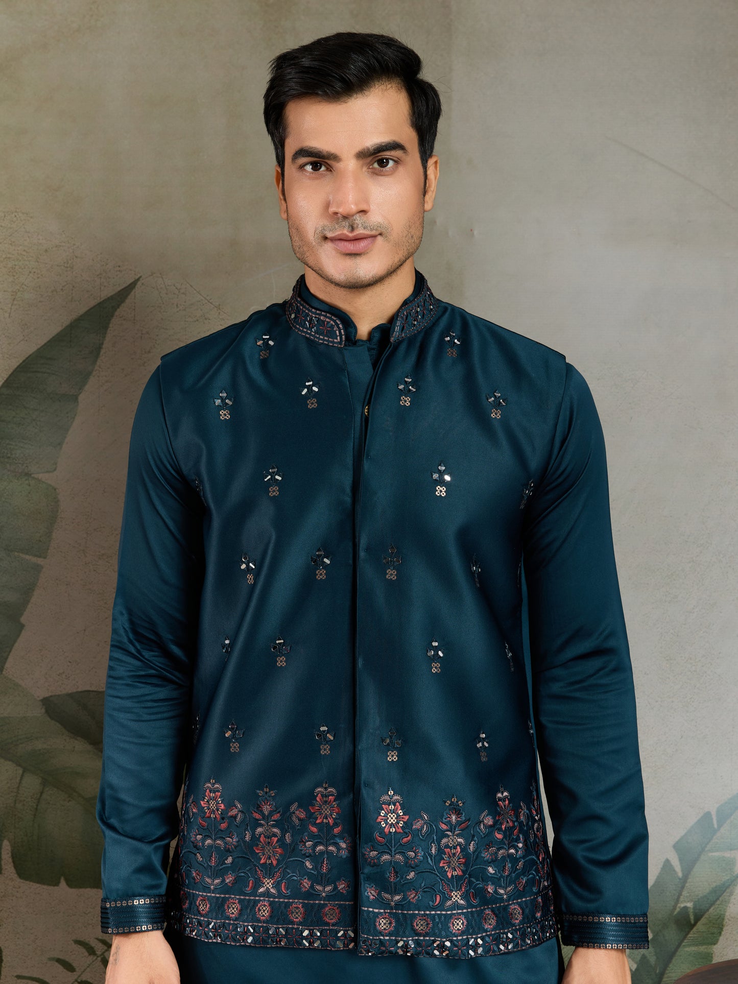 Teal Blue Embroidered Kurta Koti Set for Men