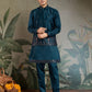 Teal Blue Embroidered Kurta Koti Set for Men