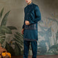 Teal Blue Embroidered Kurta Koti Set for Men