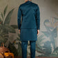 Teal Blue Embroidered Kurta Koti Set for Men