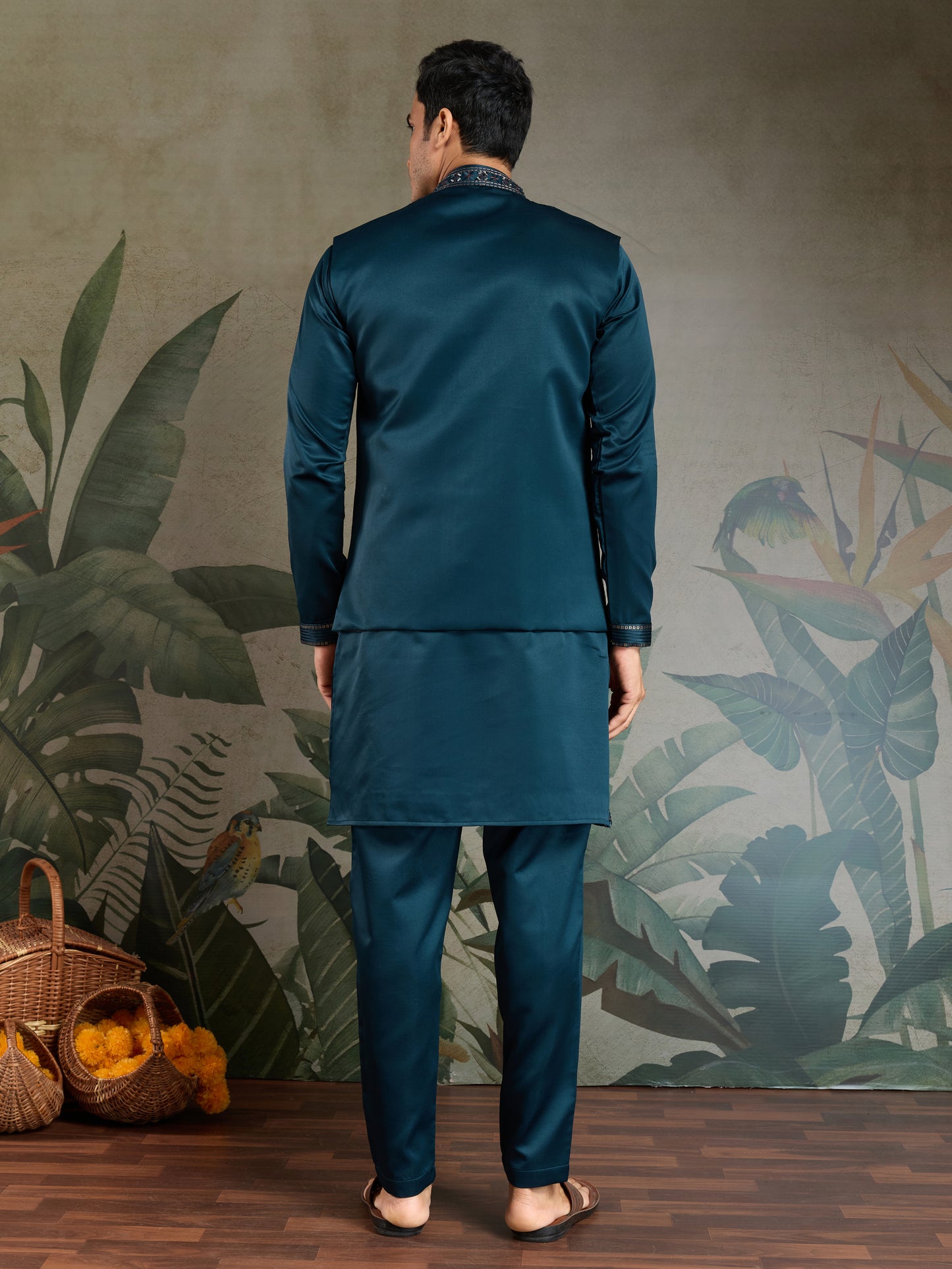 Teal Blue Embroidered Kurta Koti Set for Men