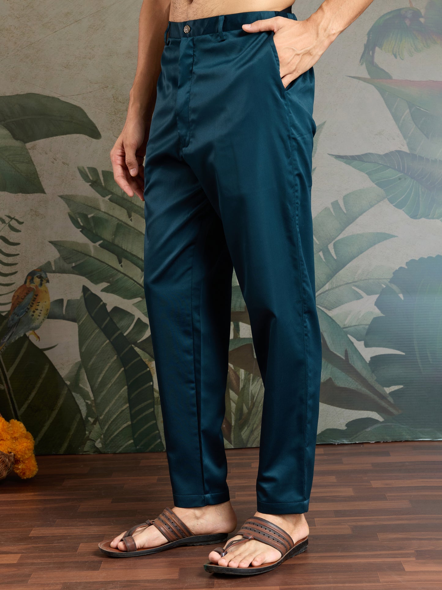 Teal Blue Embroidered Kurta Koti Set for Men