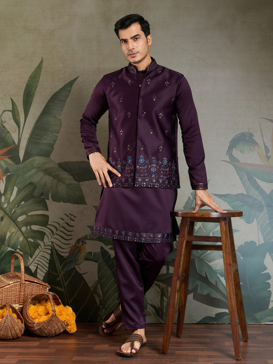 Wedding Special Purple Kurta Koti Set for Men