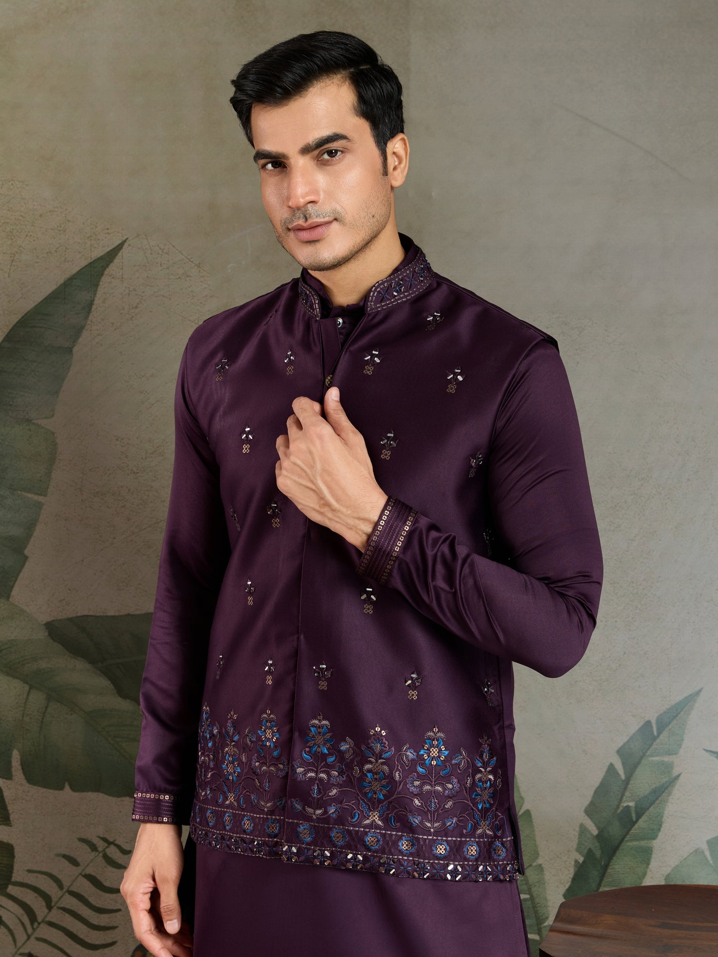 Wedding Special Purple Kurta Koti Set for Men