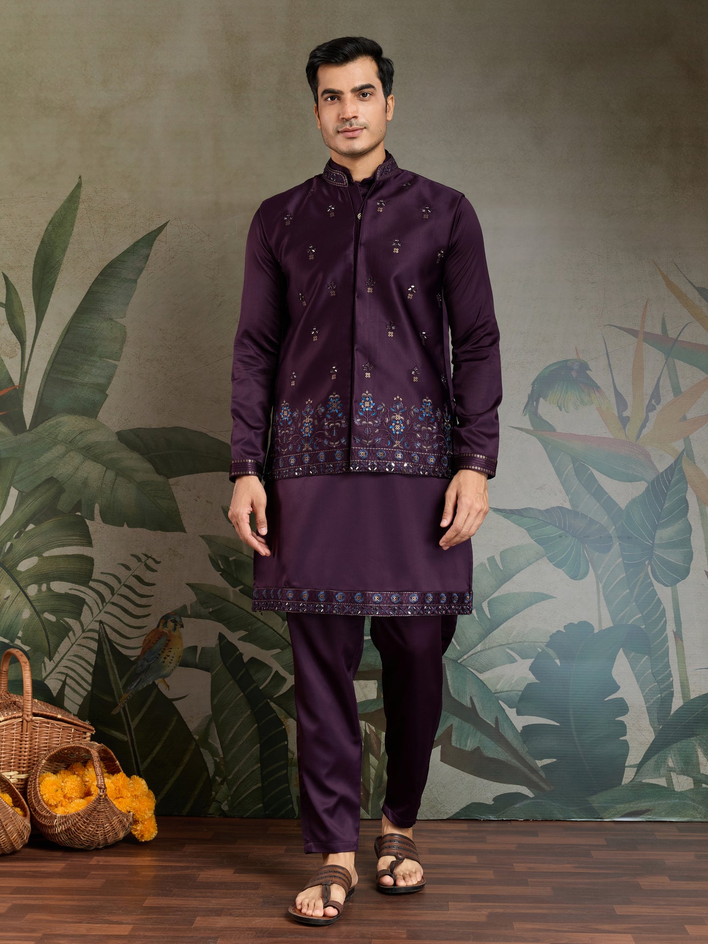 Wedding Special Purple Kurta Koti Set for Men