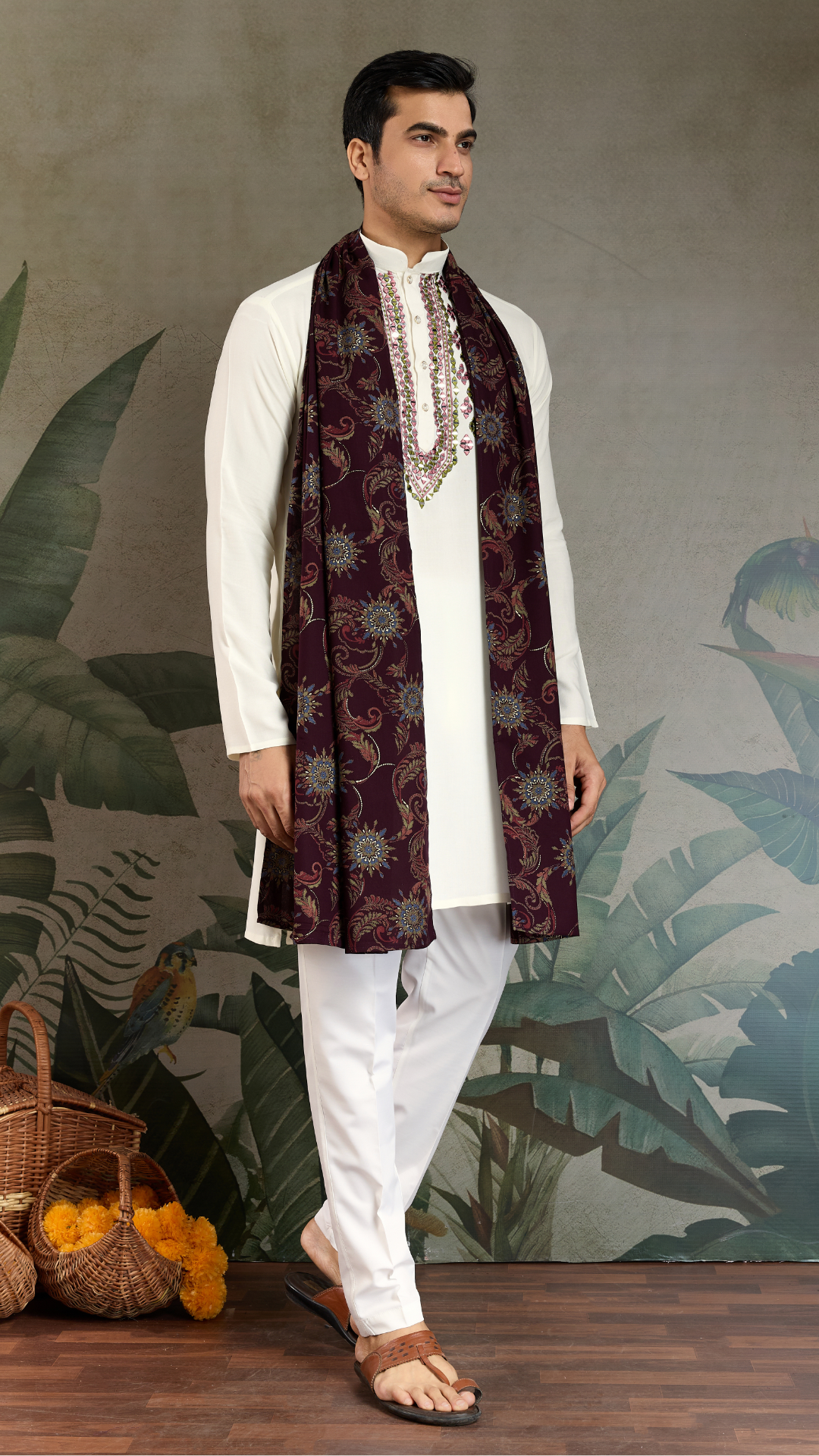 Wedding Special White Mirror Work Kurta with Dupatta for Men