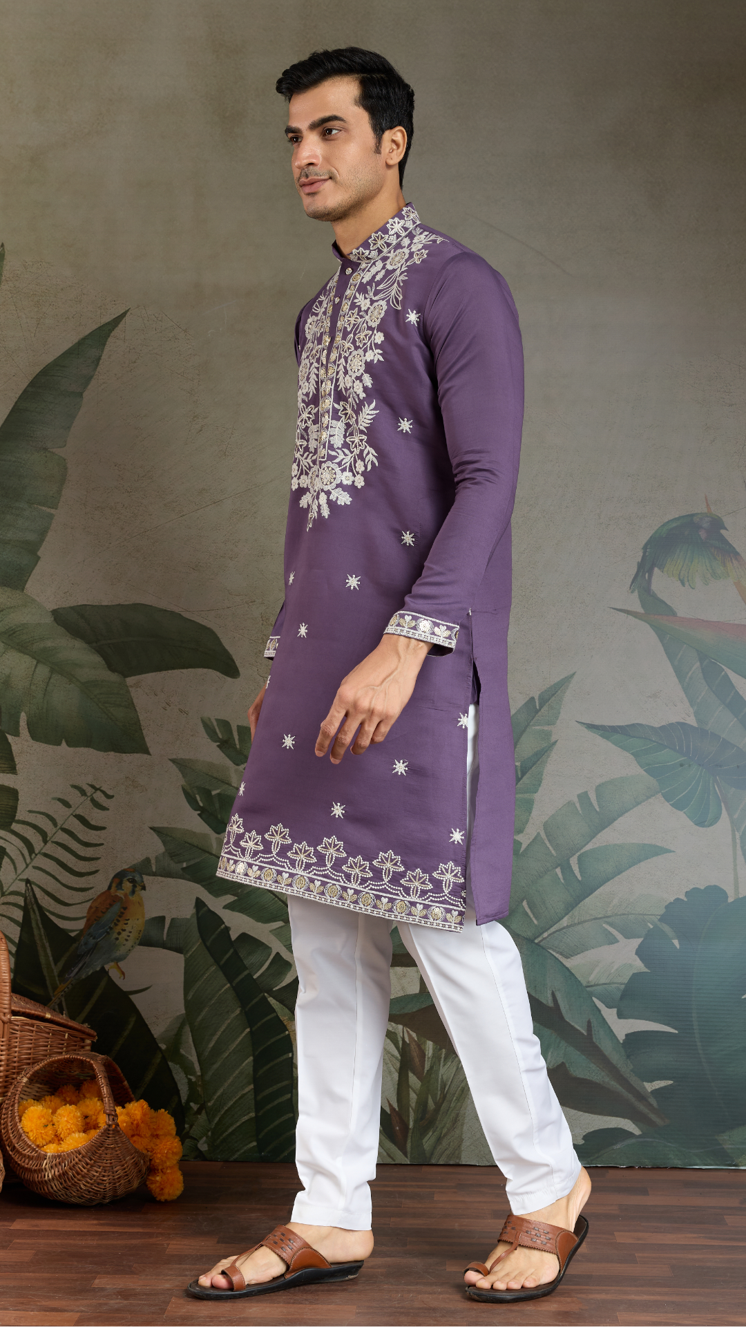 Pastel Purple Embroidered Viscose Silk Kurta Set