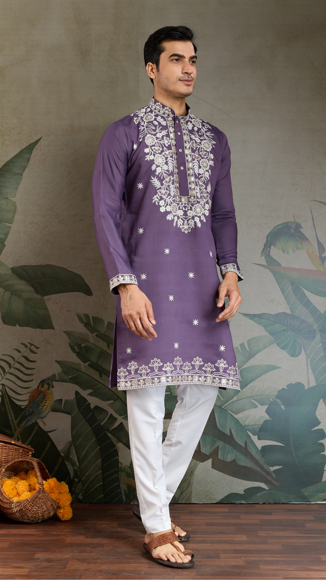 Pastel Purple Embroidered Viscose Silk Kurta Set