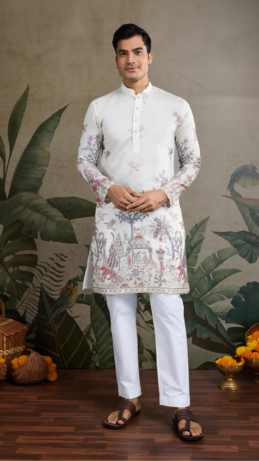 Designer White Silk printed kurta for men