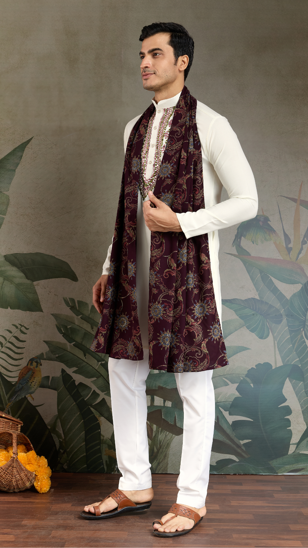 Wedding Special White Mirror Work Kurta with Dupatta for Men