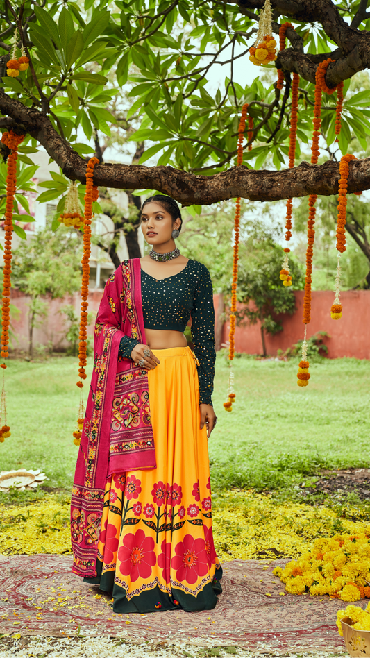 Yellow Maslin Cotton Digital Printed Work Navratri Lehenga