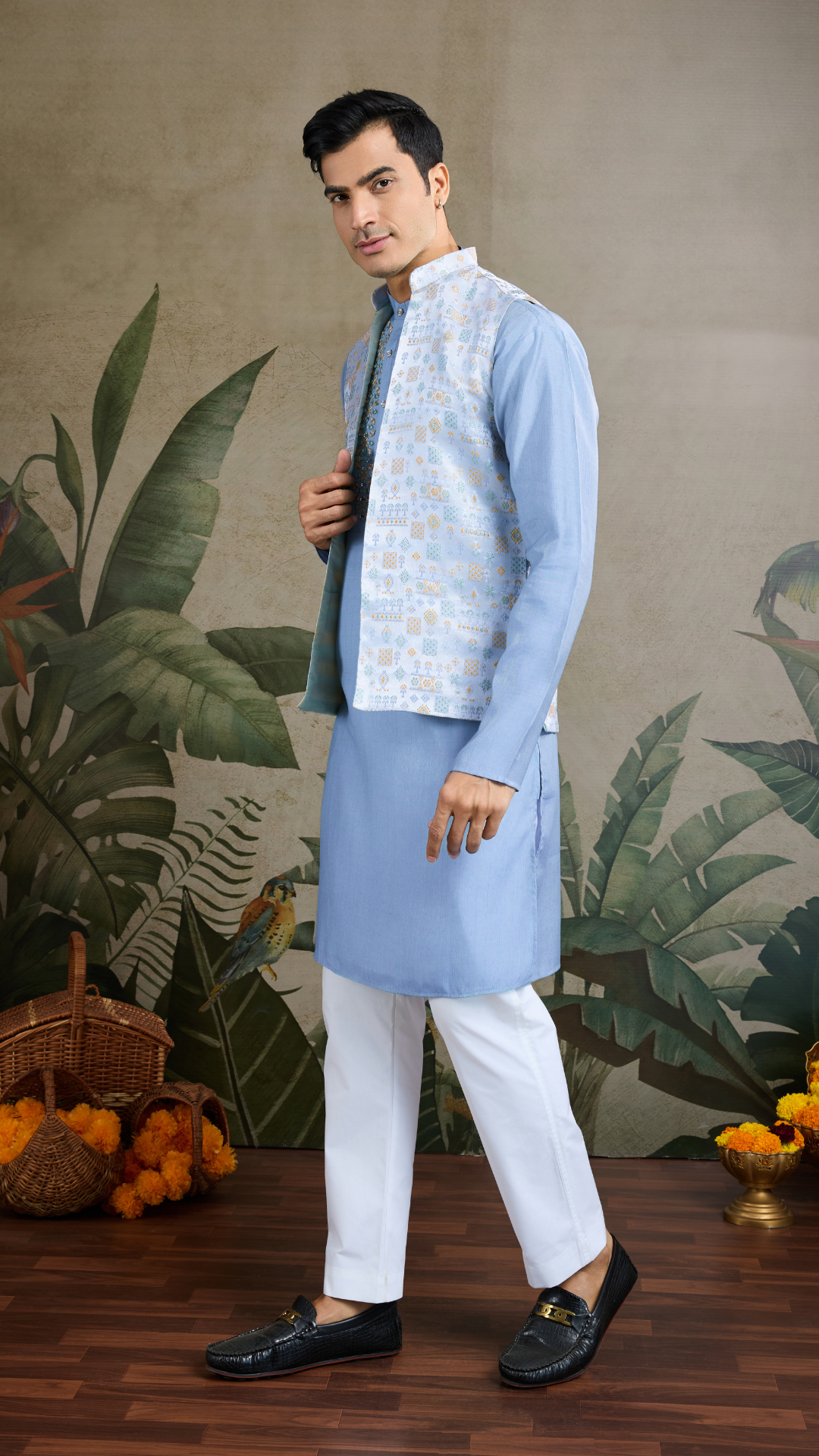 Festive Wear Blue Silk Kurta with Jacquard Koti