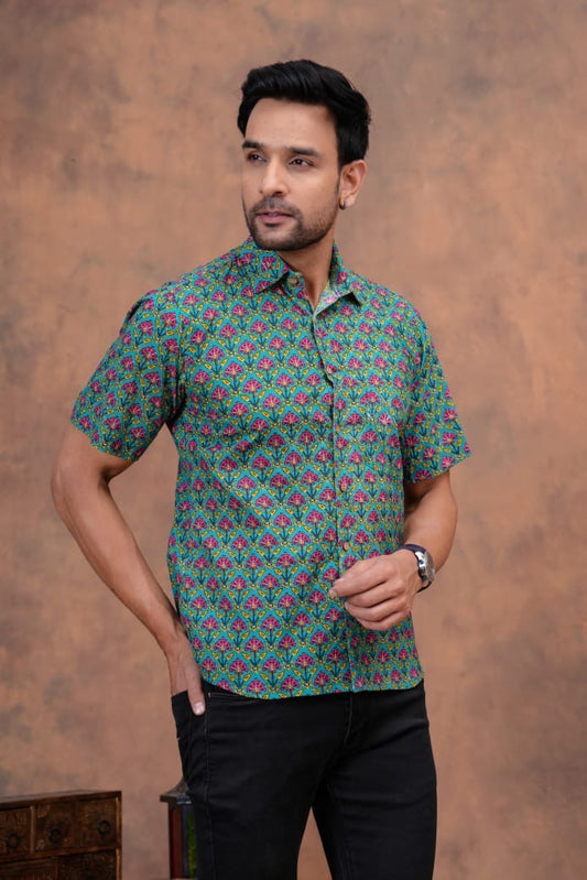 TURQUOISE HANDBLOCK PRINTED SHIRT