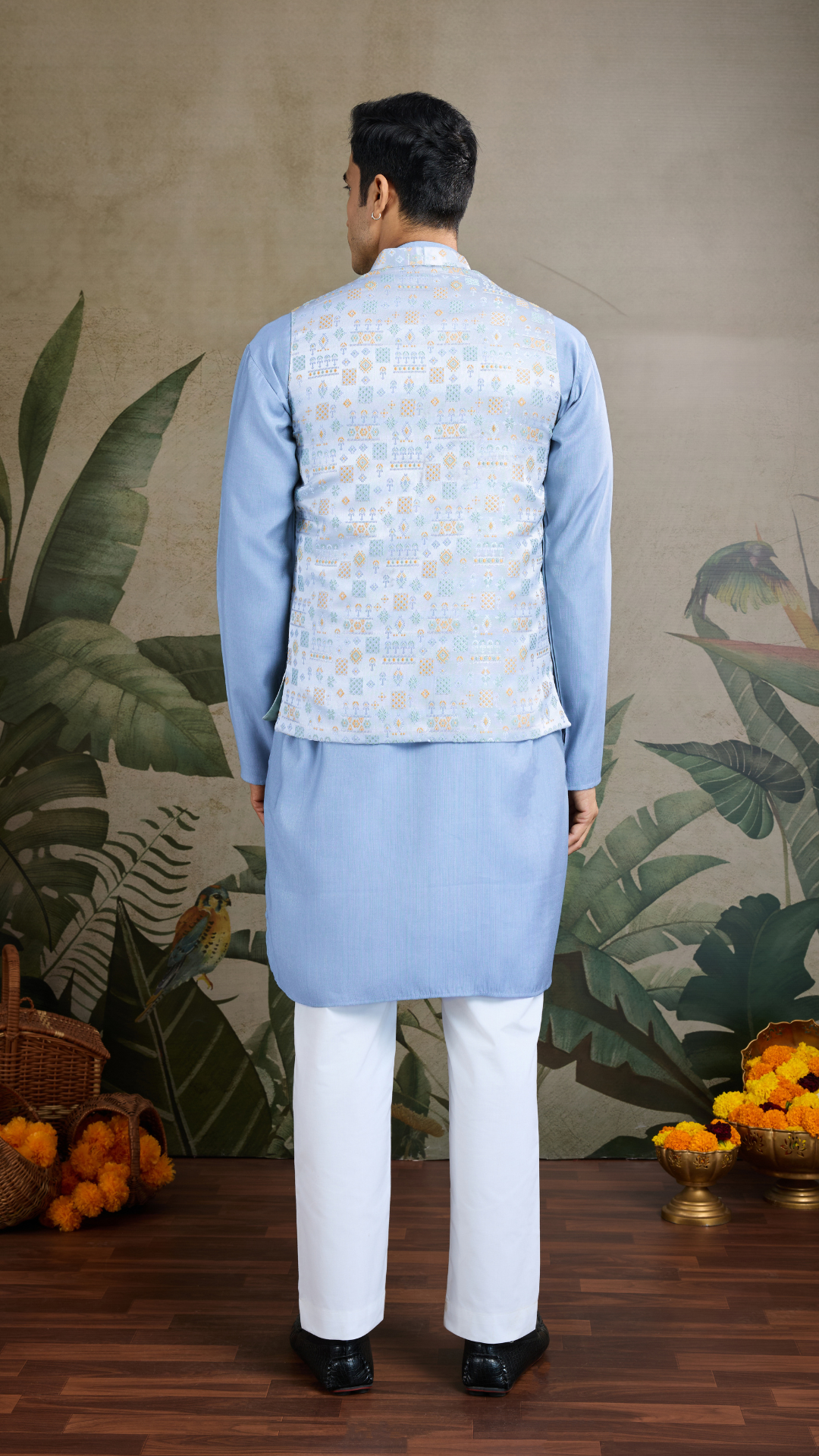 Festive Wear Blue Silk Kurta with Jacquard Koti