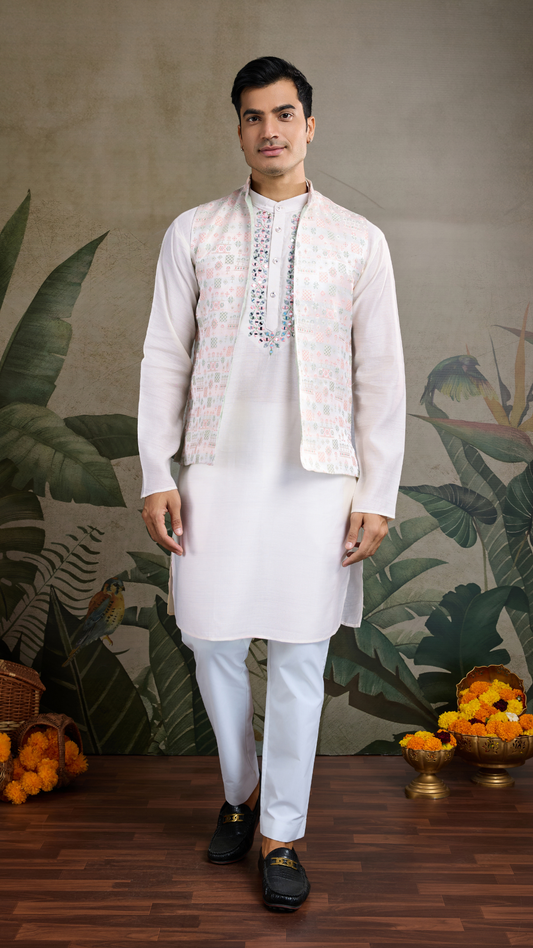 Off-White Roman Silk Kurta with Jacquard Open Koti Set