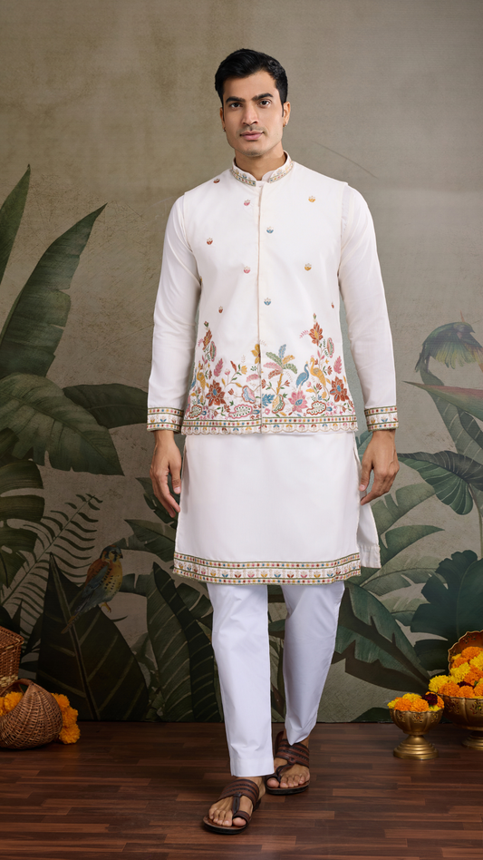 Designer White Cotton Kurta with Embroidered Koti