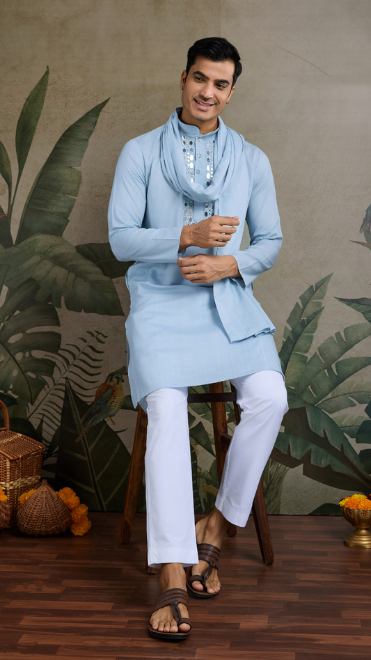 Sky Blue Designer Men's Kurta with Real Mirror Work