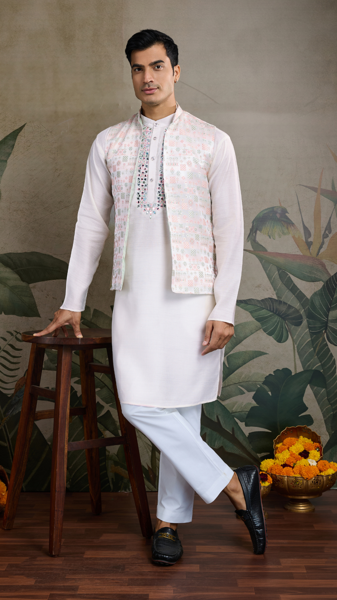 Off-White Roman Silk Kurta with Jacquard Open Koti Set
