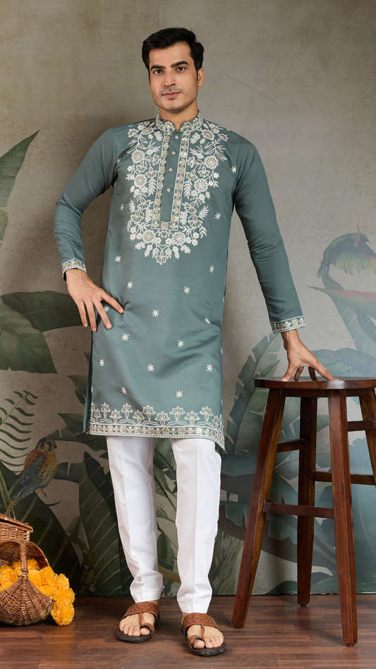 Pastel Pista Viscose Silk Embroidered Kurta for Men