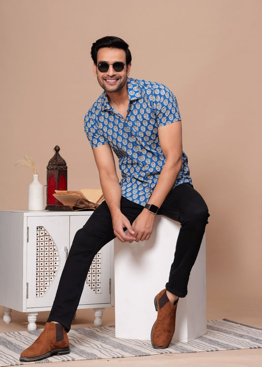 LIGHT BLUE FLORAL HANDBLOCK PRINTED SHIRT
