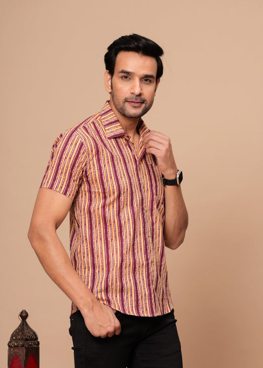 MAROON STRIPED HANDBLOCK PRINTED SHIRT