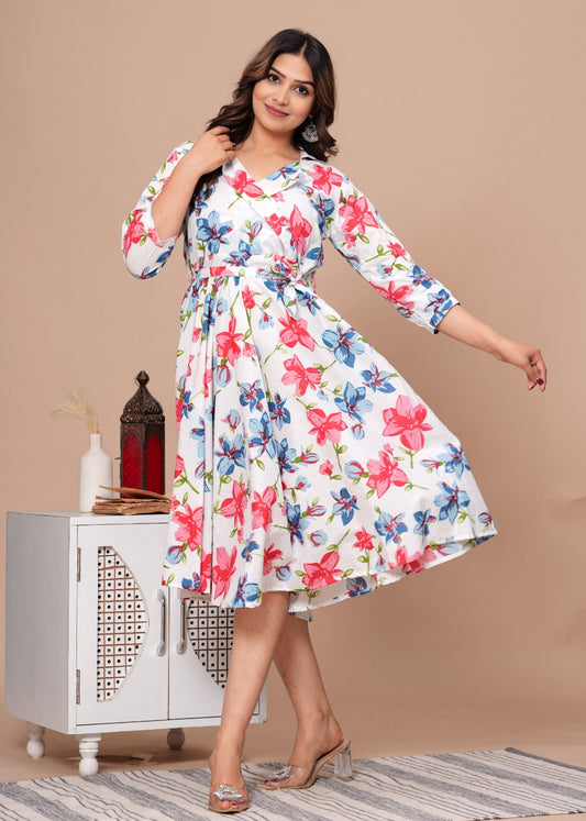 BIG FLORAL HANDBLOCK PRINTED DRESS