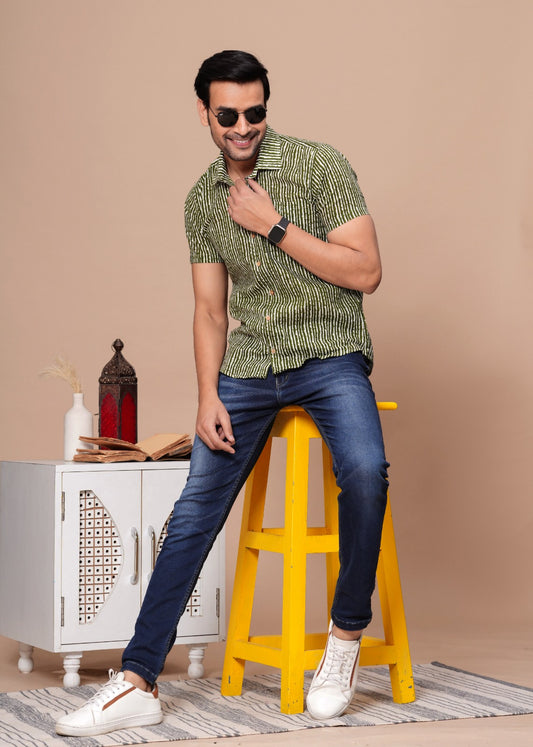 GREEN STRIPED HANDBLOCK PRINTED SHIRT