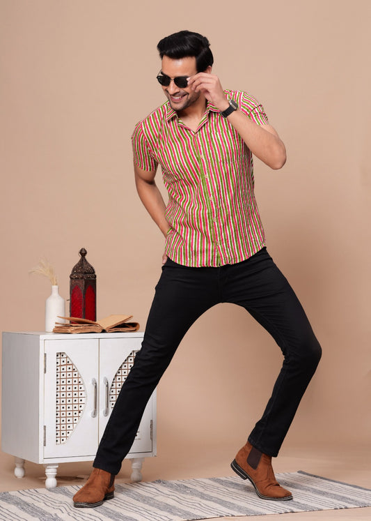 GREEN STRIPED HANDBLOCK PRINTED SHIRT